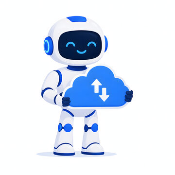 Cute white robot character holding a blue cloud storage icon with upload and download arrows. Vector illustration of cloud computing assistant, data transfer, cloud server backup, network syncing, and