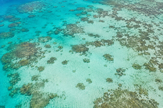Aerial Tropical Reef Flats in Crystal Clear Turquoise Shallow Water