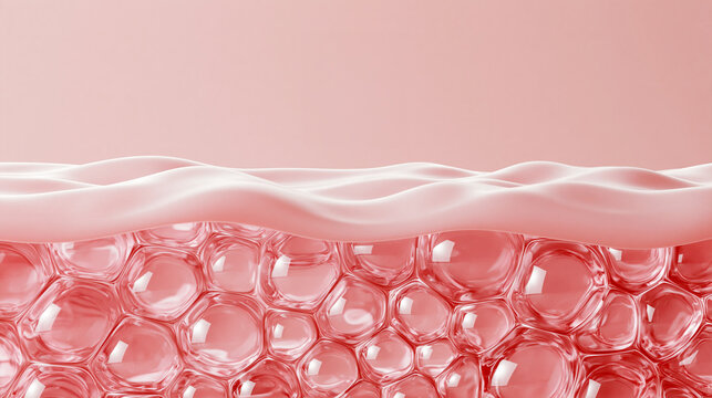 大きなコピースペースを備えたピンクの肌バリア断面、保湿成分と美容カプセルの3Dイラスト / Pink skin barrier cross section with large copy space, 3D illustration of moisturizing ingredients and beauty capsules