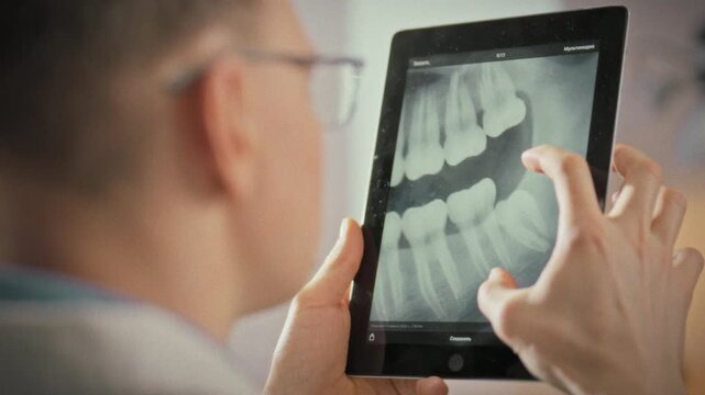 A dentist carefully examines a panoramic dental image on a high-resolution tablet, mapping each tooth, root and overall jaw health. This modern dentistry tool provides precise, efficient diagnosis