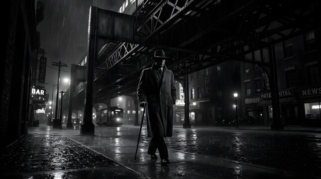 Mysterious figure walking in rainy noir city street at night