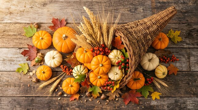 Thanksgiving cornucopia with pumpkins and autumn leaves on a rustic wooden background