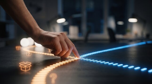 AI Agent Workforce Handover - A human hand connects a workflow to AI, representing seamless transition and uninterrupted continuation of tasks between people and automation.