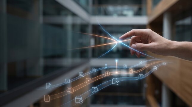 AI Agent Workforce Handover - A human hand oversees multiple AI workflows, monitoring key points while autonomous systems efficiently manage routine tasks.
