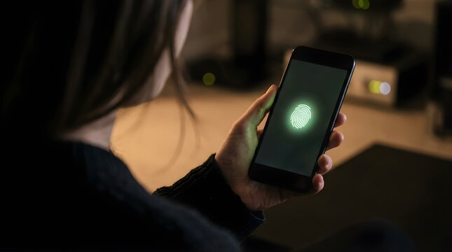 Woman unlocking smartphone with digital fingerprint biometric security