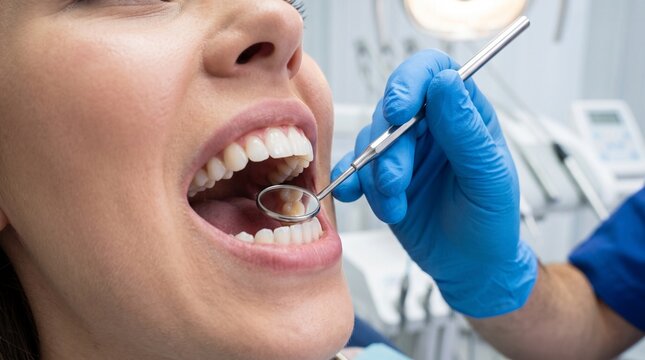 Close up of a dentist using a dental mirror to examine the teeth of a female patient