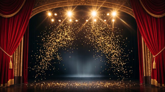 Empty ornate theater stage with red curtains and dramatic lighting ready for a performance