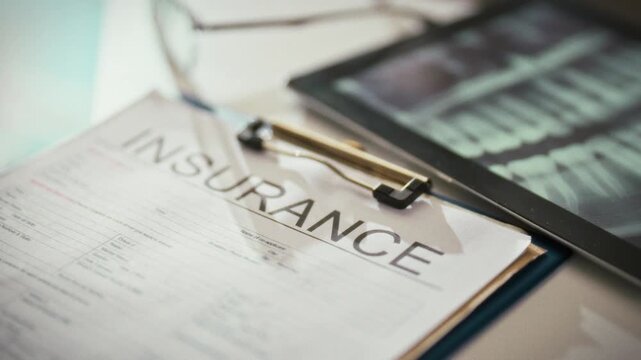 A dentist presents an insurance form, detailing medical insurance coverage for dental treatment. The healthcare document clarifies benefits, guiding patients through the claim process