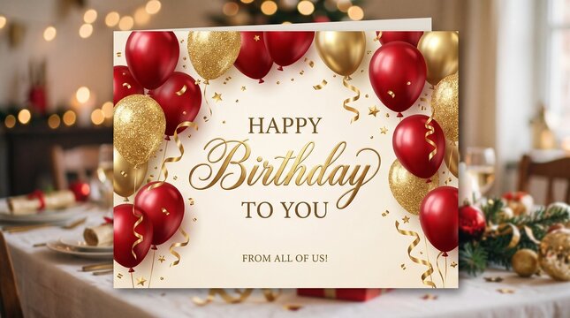 Elegant birthday card with red balloons and festive party decorations background