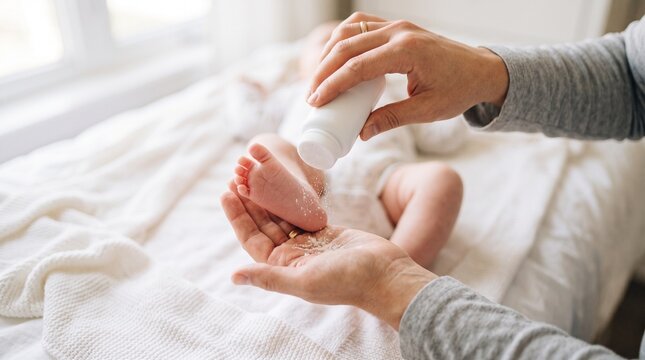 A mother carefully pours milk from a bottle into her baby's open hands during feeding time