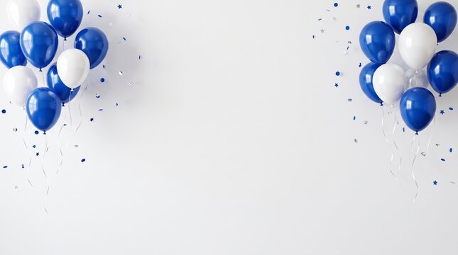 Floating blue and white balloons against a light gray background with copy space