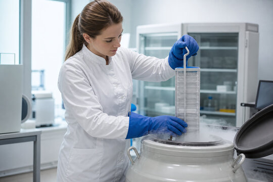 Embryologist handling cryogenic storage cane in calm laboratory