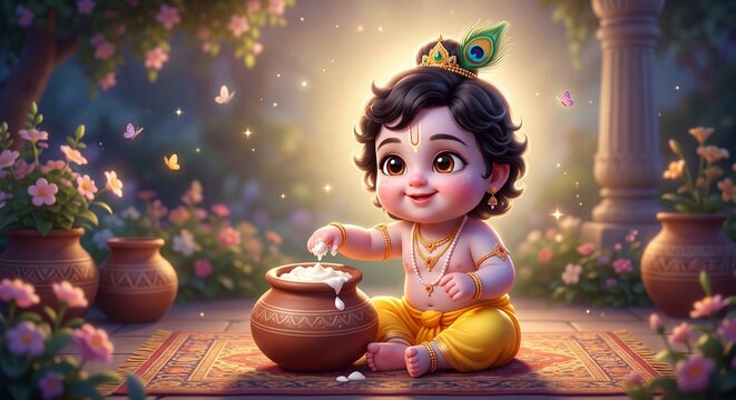 Little Lord Krishna with the Clay Butter Pot. 