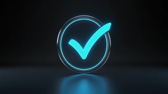 "Illuminated blue check mark glows within circular outline, radiating futuristic digital approval, validation, and successful completion symbolism."