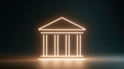 Fototapeta premium Glowing Neon Outline of a Classic Greek Building Facade on a Dark Reflective Surface