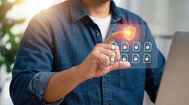 Cybersecurity access control, data privacy, secure account concept with person selecting lock icons on digital screen.