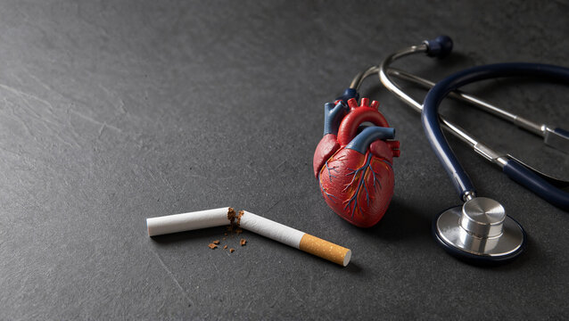 Heart and broken cigarette with stethoscope on dark surface. Heart model symbolizes health risks from smoking, and broken cigarette represents effective cessation.