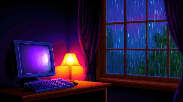 A cozy room with a vintage computer, glowing lamp, and rain falling outside a large window at night