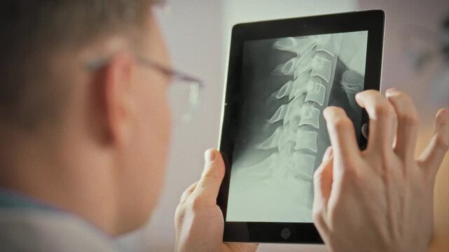 A doctor analyzes a lumbar spine X-ray on a digital tablet's screen, utilizing modern touch technology for progressive therapy and precise diagnosis in a contemporary medical setting