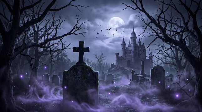 Spooky Halloween graveyard scene with tombstones a creepy castle full moon and purple mist