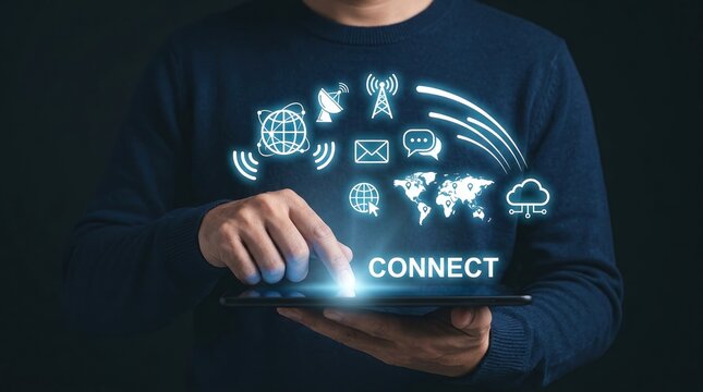 Digital connection, cloud communication, internet network concept with person using tablet and glowing connect icons.