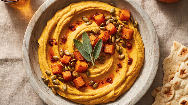 Creamy roasted pumpkin hummus dip topped with roasted squash cubes pumpkin seeds sage and chili oil served with flatbread in stone bowl