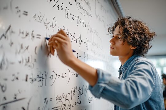 Student Solves Complex Math Equations on Whiteboard Learning Algebra