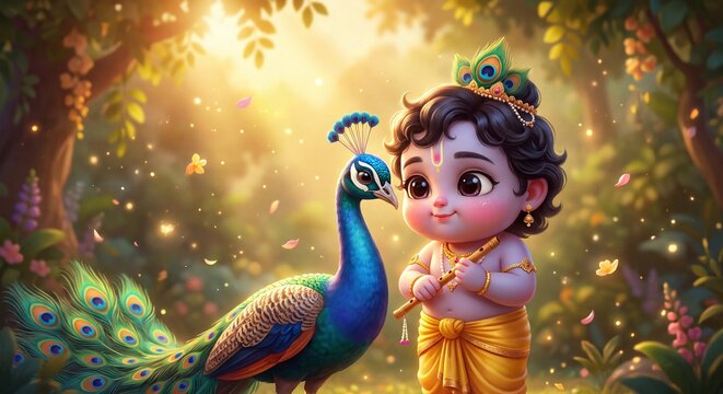 Cute Little Krishna playing with Peacock Happy Janmashtami