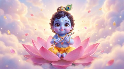 Fototapeta premium Little Lord Krishna sitting on a lotus flower