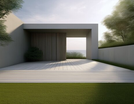 house with concrete terrace near empty grass floor 3d rendering of green lawn in modern home