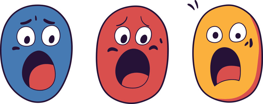 Three cartoon faces showing shock, anger, and surprise emotions in flat design style