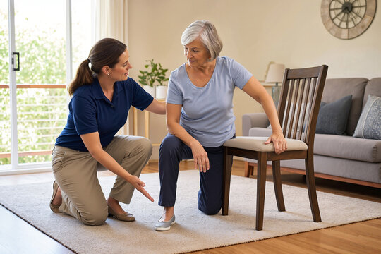 Caregiver assisting senior woman with mobility and chair support during rehabilitation session. Interaction focuses on safe movement techniques,