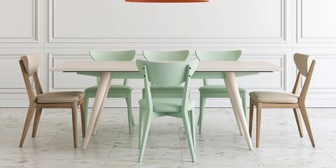 Fototapeta premium Modern dining room set featuring a white table and mint green chairs arranged symmetrically in a bright minimalist interior space