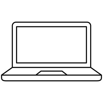 Minimalist black outline icon illustration of an open laptop isolated on transparent background. Line art stroke computer hardware clip art graphic design element for office desk assets.