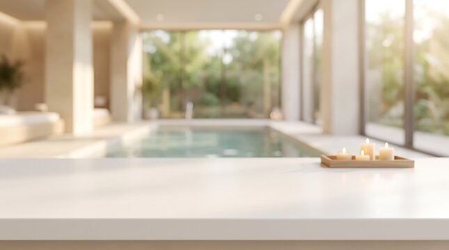 Empty white table top with candles in luxury blurred spa pool interior background for product presentation mockup space