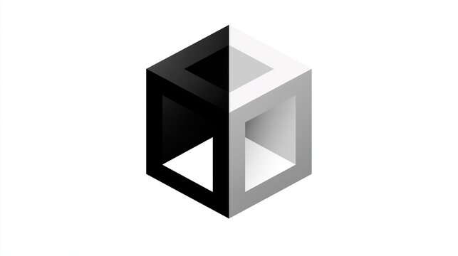 Abstract Geometric Cube Illusion with Black and White Contrasting Halves on White Background