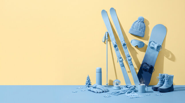 Monochrome blue winter sports gear and accessories on pastel yellow background