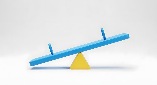 Blue seesaw with handles balancing on yellow triangle white background