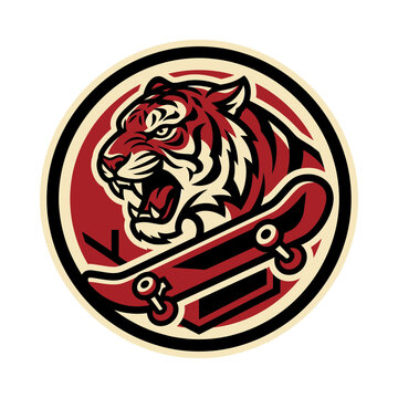 Aggressive tiger head with skateboard graphic logo.
