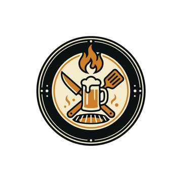 BBQ grill logo with beer mug and flame.