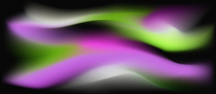 Abstract neon waves in vivid purple, green, pink and white on black. Ideal for digital banners, websites, advertising and social media.
