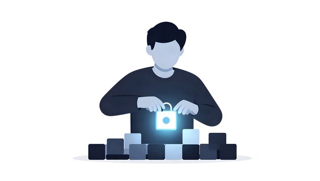 Person assembling a digital padlock from abstract blocks, representing data security and encryption concept.