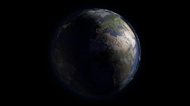 realistic planet earth rotating day night globe animation space dark background 4k video seamless loop