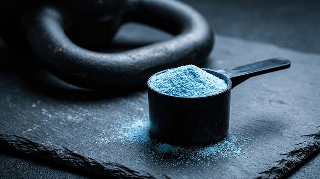 Blue supplement powder, sports nutrition, protein powder concept with scoop beside kettlebell on dark slate background.
