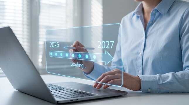 Business professional analyzing futuristic AI roadmap on laptop with digital timeline projections