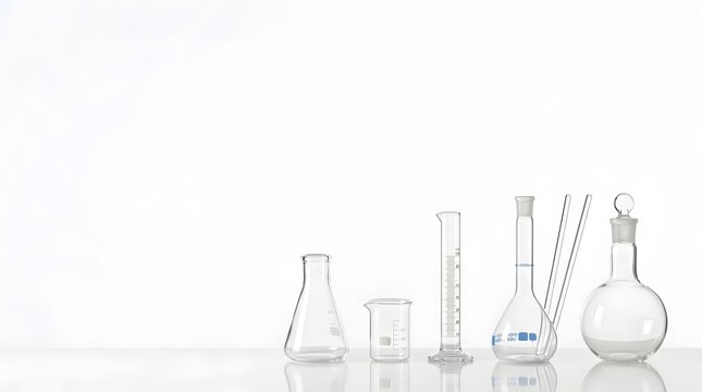 Assorted laboratory glassware arranged on a clean white background
