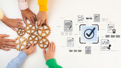 Obraz premium Collaborative Hands Working Together with Gears and Digital Checkmarks on a Light Background for Teamwork and Efficiency Concepts Sigmoid