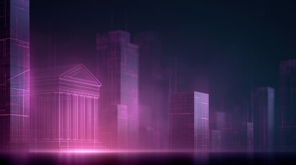 Fototapeta premium Futuristic cityscape featuring glowing purple and pink wireframe buildings against a dark background with a classical temple structure prominently displayed in the foreground