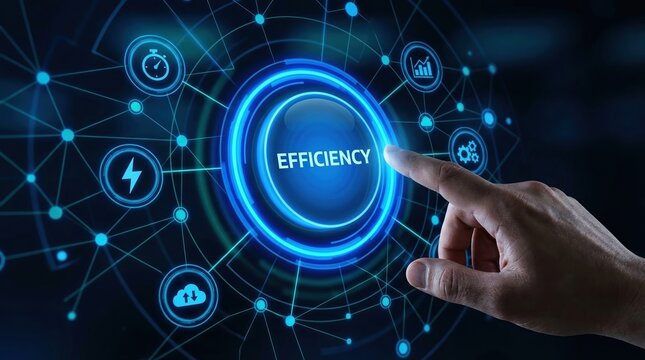 Operational efficiency, business process optimization, automation concept with hand pressing efficiency button on digital network.