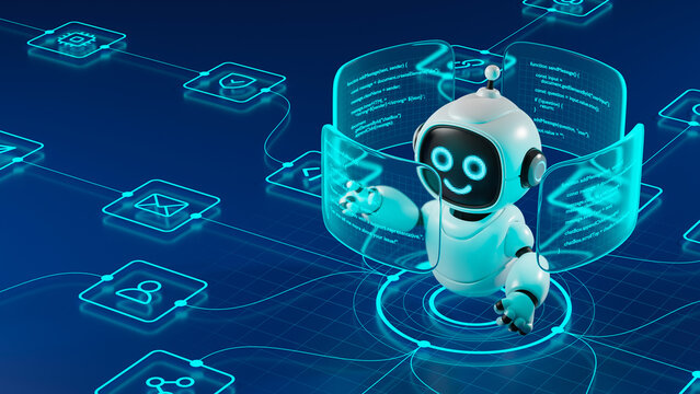 AI agent robot workflow automation orchestrator artificial intelligence data coding icon flow process assistant technology futuristic 3d rendering.